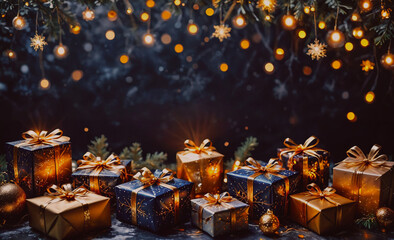 Poster - Row of presents with a gold bow on top of each one. The presents are stacked on top of each other