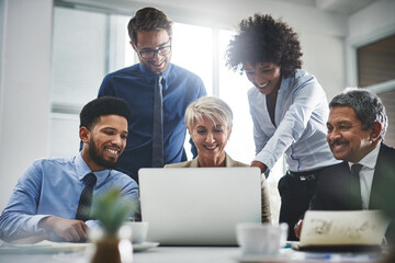 Leinwandbilder - Business people, laptop and collaboration of corporate attorney with digital brief of case. Office, diversity and management with legal research, teamwork and conversation in meeting at law firm