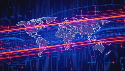 Poster - Global Network Data Streams Digital World Map Technology Connections. It represents global interconnectedness and data flow.