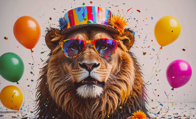 Poster - Lion wearing sunglasses and a party hat. There are many balloons in the background. The lion is the main focus of the image