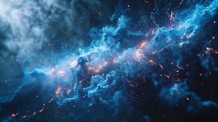 Wall Mural - This photo depicts a striking abstract image of a blue and black background illuminated by multiple lightning strikes.