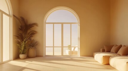 Wall Mural - Sunlit minimalist living room with arched window, beige sofa, and potted plants.