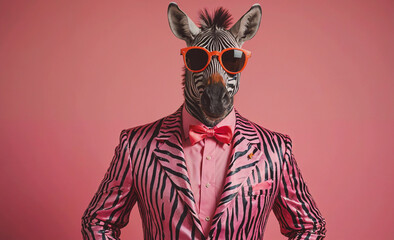 Poster - Zebra wearing a suit and sunglasses. The suit is pink and black. The zebra is standing in front of a pink background