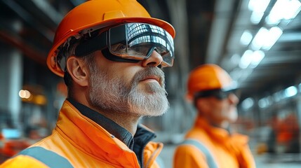 Poster - construction managers evaluate project plans using augmented reality technology in a modern setting