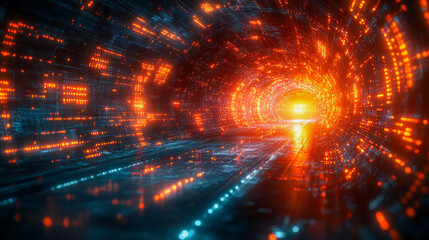 Poster - A tunnel of radiant orange lights forming a digital pathway, suggesting data flow or virtual connectivity
