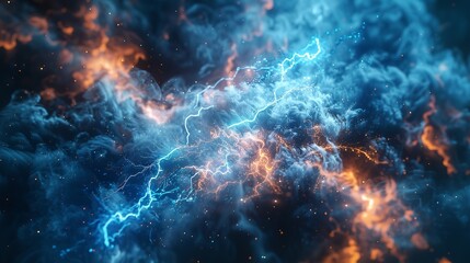 Wall Mural - This photo depicts a striking abstract image of a blue and black background illuminated by multiple lightning strikes.