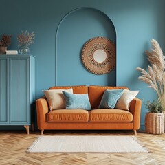 Aufkleber - living room interior design,cozy home have Rusty sofa with blue mockup with wood cabinet and wood floor parquet, 3d render