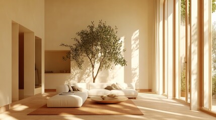 Wall Mural - Sunlit Minimalist Living Room With Olive Tree