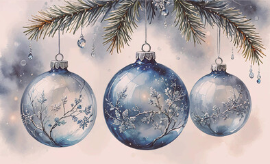 Poster - Three blue glass ornaments hanging from a tree branch. The ornaments are decorated with a tree design