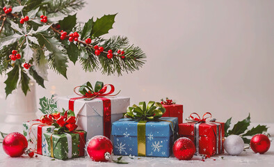 Poster - White box with a red bow on top of a green box is placed on top of a blue box. The boxes are stacked on top of each other, creating a festive display