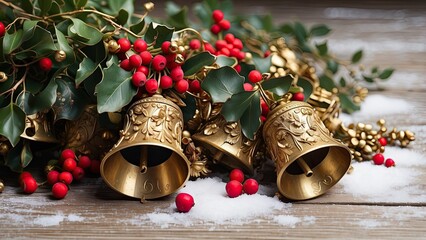 Wall Mural - Cluster of gilded Christmas bells with embossed patterns, surrounded by mistletoe and berries, set on a snowy wooden surface.