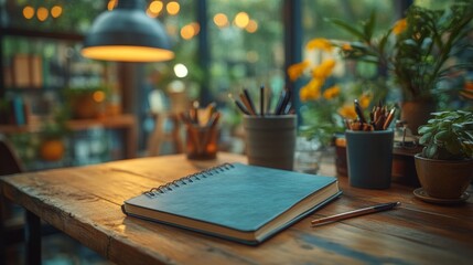 Aufkleber - A tranquil workspace features a blue notebook and a pen resting on a wooden table. Surrounding plants add warmth, illuminated by afternoon sunlight through large windows.