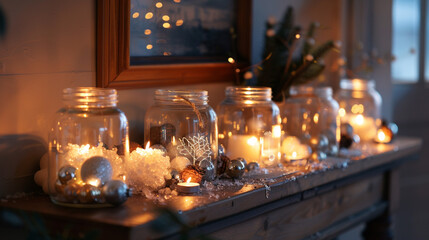 Poster - A creative Christmas display with mason jars filled with tiny ornaments, fake snow, and battery-operated candles, arranged on a glowing mantlepiece.