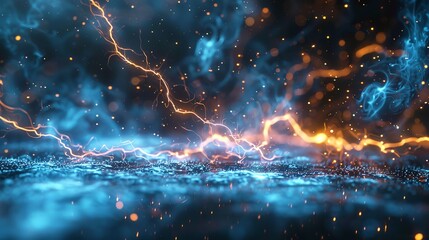 Wall Mural - This photo depicts a striking abstract image of a blue and black background illuminated by multiple lightning strikes.