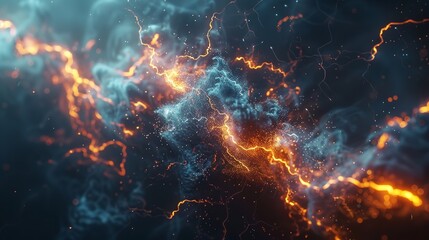 Wall Mural - This photo depicts a striking abstract image of a blue and black background illuminated by multiple lightning strikes.