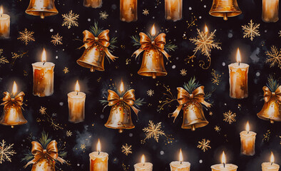 Poster - Pattern of candles and bells on a black background. The candles are lit and the bells are gold