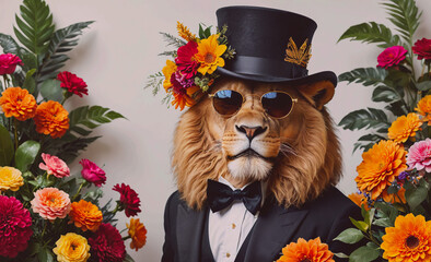 Poster - Lion wearing a black hat and sunglasses. The lion is standing in front of a bunch of flowers