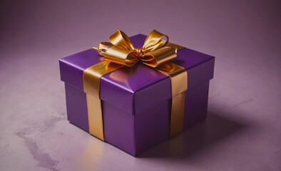 Poster - Purple box with gold ribbon on top. The box is sitting on a purple surface