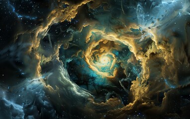 Wall Mural - cosmic swirl: a mesmerizing nebula in deep space, swirling with ethereal colors of teal, gold, and d