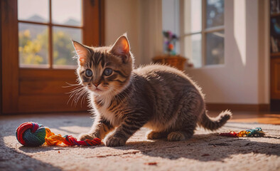 Poster - Kitten is playing with a toy. The toy is a ball with a string attached to it