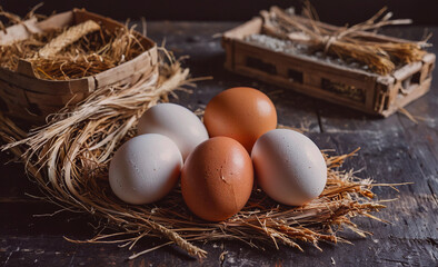 Poster - Basket of eggs with one white and four brown eggs. The eggs are sitting on straw. There is a wooden crate in the background