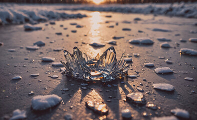 Poster - Large ice crystal is sitting on the snow. The sun is setting in the background