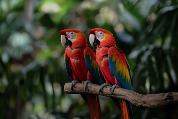 Wall Mural - Vibrant scarlet macaws perched in lush tropical rainforest