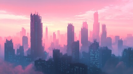 Wall Mural - Futuristic city skyline at sunset, shrouded in pink mist and clouds.