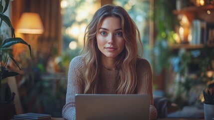 Aufkleber - A young woman sits at a wooden table, focusing on her laptop amidst a warm and inviting room filled with greenery. The soft morning light enhances the tranquil atmosphere.
