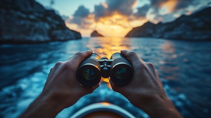 Aufkleber - Looking through binoculars, an individual observes a breathtaking sunset reflecting on the ocean while surrounded by rocky cliffs, creating a serene twilight atmosphere.