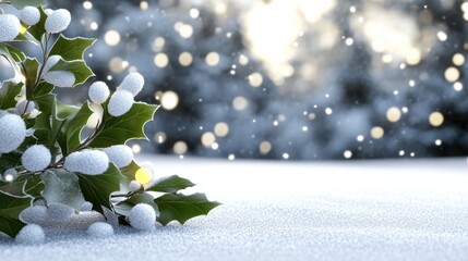 Poster - Snow-dusted holly and berries sparkle against a backdrop of soft, glowing bokeh lights, AI