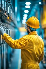 Poster - skilled engineer monitoring electrical power and safety system in a modern industrial facility