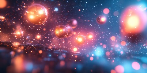Poster - Colorful abstract spheres floating in a vibrant digital landscape with glowing particles at night