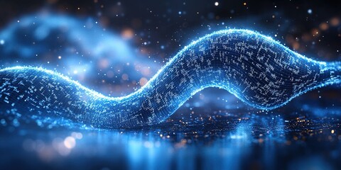 Poster - Digital abstract light wave flowing through a dark space with sparkling particles and glowing lines