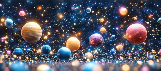 Poster - Vibrant depiction of a cosmic scene filled with colorful planets and sparkling stars in deep space