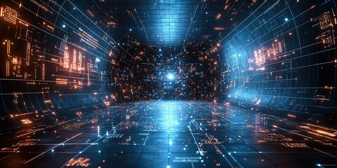 Poster - Futuristic tunnel with glowing blue and orange digital patterns illuminating the space