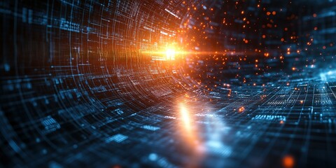 Poster - Digital tunnel with glowing particles and data streams creates a futuristic atmosphere of technology