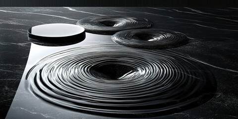Poster - Rippling black surface with circular formations creates a mesmerizing visual effect in modern design
