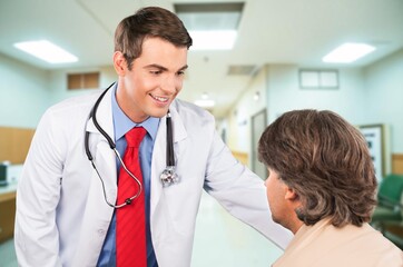 Poster - Consultation in hospital, man and doctor checkup