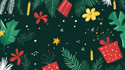 Wall Mural - Festive Christmas pattern with gifts, plants, and stars on a dark green background.