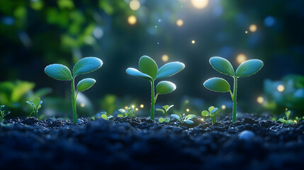 Canvas Print - Three young plants sprout from dark soil at night, illuminated by magical lights.