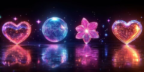 Poster - Colorful glowing shapes representing hearts, a globe, and a flower reflecting in dark space