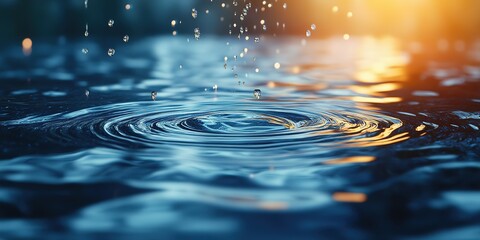 Poster - Droplets create ripples on a serene water surface at sunset near a tranquil lake