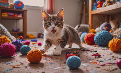 Poster - Kitten is playing with a bunch of colorful balls. The balls are scattered all over the floor