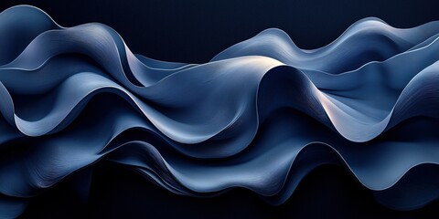 Poster - Flowing fabric in deep blue color creates a smooth, wavy texture against a dark background in a minimalist design