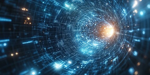 Poster - Vivid digital tunnel showcasing data streams and bright light source in a futuristic space