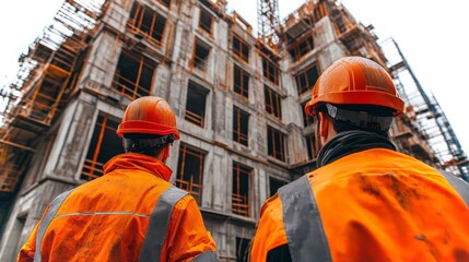 Poster - Construction workers utilizing laser scanning technology at a building site in urban setting