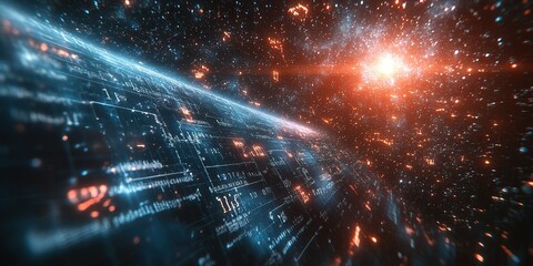 Poster - Exploration of cosmic data in a vibrant nebula with glowing digital elements