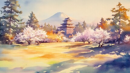 Wall Mural - Serene Japanese Spring Landscape: Watercolor Painting of Mount Fuji, Cherry Blossoms, and Castle