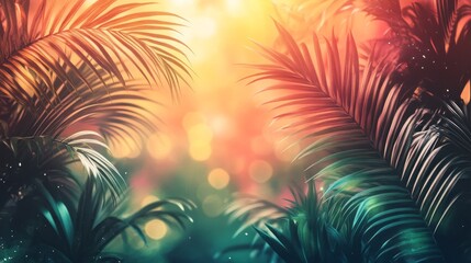 Poster - Lush, colorful foliage dances in gentle breezes as sunlight filters through leaves, casting a warm glow over a vibrant tropical landscape, inviting exploration and wonder